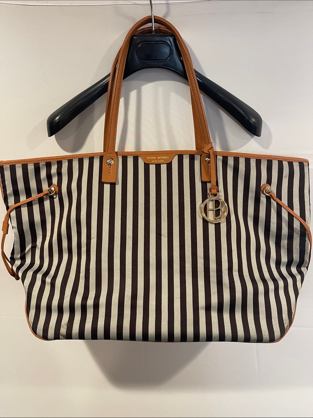 Henri Bendel Striped Canvas Tote with Tan Leather Trim